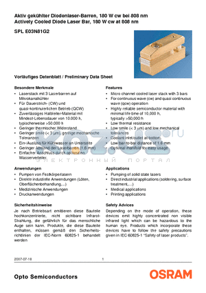 SPLE03N81G2 datasheet - Aktiv gekulter Diodenlaser-Barren, 180 W cw bei 808 nm