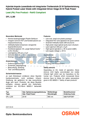 SPLLL90 datasheet - Hybrid Pulsed Laser Diode with Integrated Driver Stage 25 W Peak Power