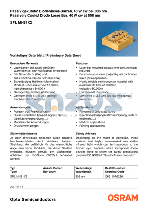 SPLMN81X2 datasheet - Passively Cooled Diode Laser Bar, 40 W cw at 808 nm