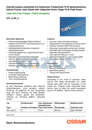 SPLLL90_3 datasheet - Hybrid Pulsed Laser Diode with Integrated Driver Stage 70 W Peak Power