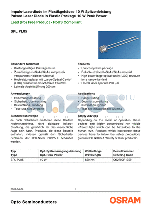 SPLPL85 datasheet - Pulsed Laser Diode in Plastic Package 10 W Peak Power