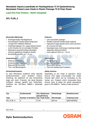 SPLPL90_3 datasheet - Nanostack Pulsed Laser Diode in Plastic Package 75 W Peak Power