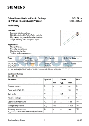 SPLPLXX datasheet - Pulsed Laser Diode in Plastic Package 10 W Peak Class 3 Laser Product