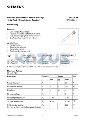 SPLPLXXX datasheet - Pulsed Laser Diode in Plastic Package 10 W Peak Class 3 Laser Product