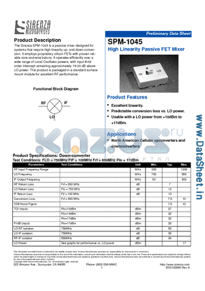 SPM-1045 datasheet - High Linearity Passive FET Mixer