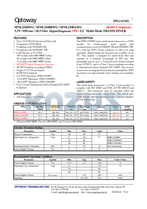 SPM-2100BWG datasheet - 3.3V / 850 nm / 10.3 Gb/s Digital Diagnostic SFP LC Multi-Mode TRANSCEIVER