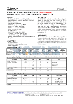 SPM-3102BG datasheet - 3.3V / 1310 nm / 125 Mbps LC SFP MULTI-MODE TRANSCEIVER