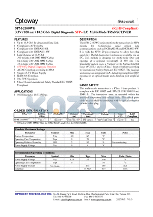 SPM-2100WG datasheet - 3.3V / 850 nm / 10.3 Gb/s Digital Diagnostic SFP LC Multi-Mode TRANSCEIVER