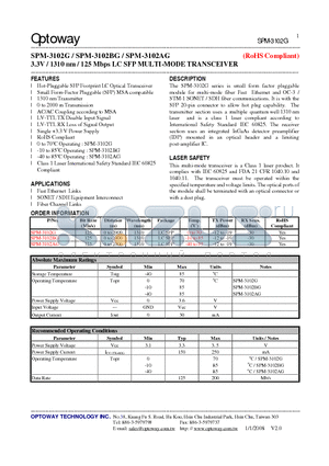 SPM-3102G datasheet - 3.3V / 1310 nm / 125 Mbps LC SFP MULTI-MODE TRANSCEIVER