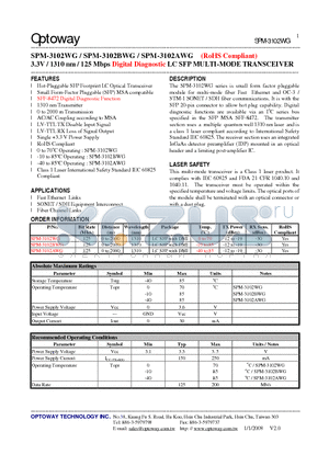 SPM-3102WG datasheet - 3.3V / 1310 nm / 125 Mbps Digital Diagnostic LC SFP MULTI-MODE TRANSCEIVER