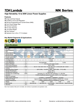 NNS155 datasheet - High Reliability 15 to 90W Linear Power Supplies