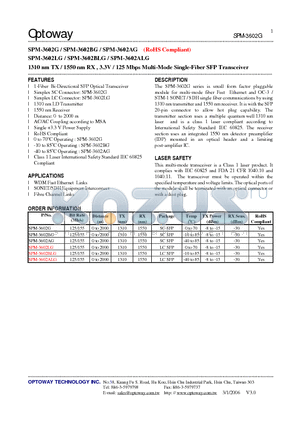 SPM-3602BG datasheet - 1310 nm TX / 1550 nm RX , 3.3V / 125 Mbps Multi-Mode Single-Fiber SFP Transceiver