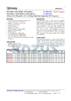 SPM-3602ALG datasheet - 1310 nm TX / 1550 nm RX , 3.3V / 125 Mbps Multi-Mode Single-Fiber SFP Transceiver