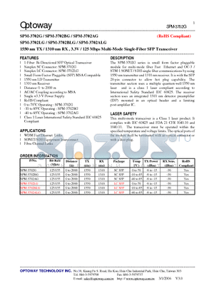 SPM-3702AG datasheet - 1550 nm TX / 1310 nm RX , 3.3V / 125 Mbps Multi-Mode Single-Fiber SFP Transceiver