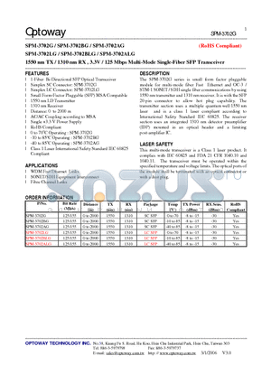 SPM-3702BG datasheet - 1550 nm TX / 1310 nm RX , 3.3V / 125 Mbps Multi-Mode Single-Fiber SFP Transceiver