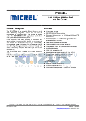 SY69753AL datasheet - 3.3V, 125Mbps, 155Mbps Clock and Data Recovery