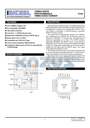 SY605JCTR datasheet - 125MHz WRITE PROGRAMMABLE TIMING EDGE VERNIER