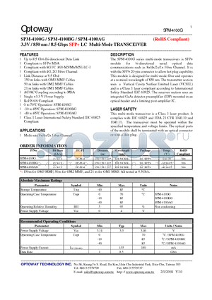 SPM-4100G datasheet - 3.3V / 850 nm / 8.5 Gbps SFP LC Multi-Mode TRANSCEIVER