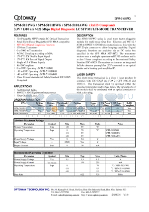 SPM-5101AWG datasheet - 3.3V / 1310 nm / 622 Mbps Digital Diagnostic LC SFP MULTI-MODE TRANSCEIVER