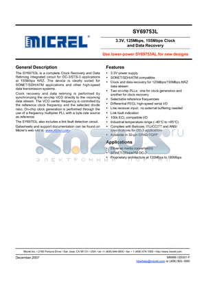 SY69753LHI datasheet - 3.3V, 125Mbps, 155Mbps Clock and Data Recovery