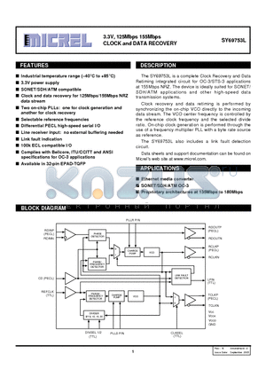 SY69753L datasheet - 3.3V 125 MBPS 155 MBPS CLOCK AND DATA RECOVERY