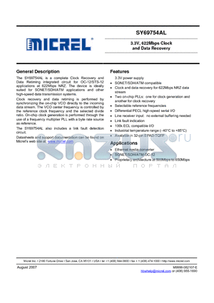 SY69754ALHG datasheet - 3.3V, 622Mbps Clock and Data Recovery