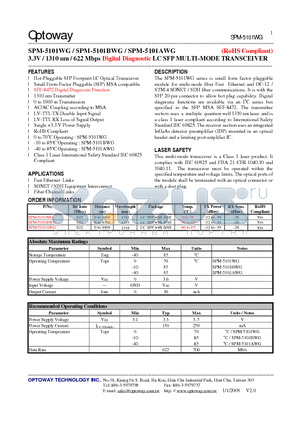 SPM-5101WG datasheet - 3.3V / 1310 nm / 622 Mbps Digital Diagnostic LC SFP MULTI-MODE TRANSCEIVER