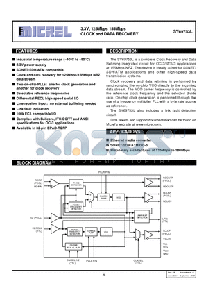 SY69753LHI datasheet - 3.3V 125 MBPS 155 MBPS CLOCK AND DATA RECOVERY