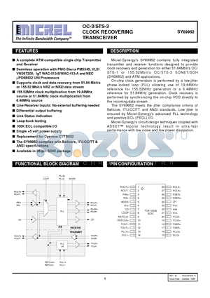 SY69952 datasheet - OC-3/STS-3 CLOCK RECOVERING TRANSCEIVER