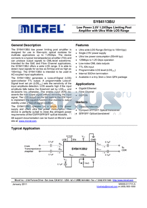 SY84113BU datasheet - Low Power 2.5V 1.25Gbps Limiting Post Amplifier with Ultra Wide LOS Range