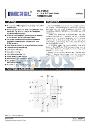 SY69952 datasheet - OC-3/STS-3 CLOCK RECOVERING TRANSCEIVER