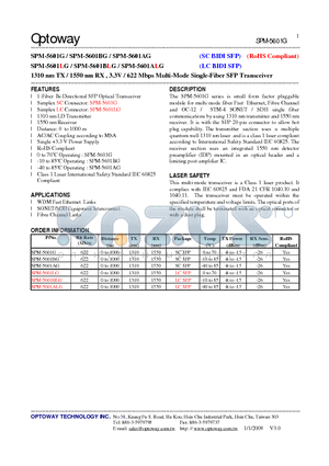 SPM-5601LG datasheet - 1310 nm TX / 1550 nm RX , 3.3V / 622 Mbps Multi-Mode Single-Fiber SFP Transceiver