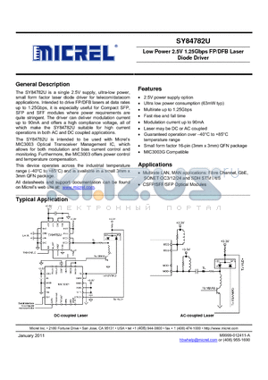 SY84782UMG datasheet - Low Power 2.5V 1.25Gbps FP/DFB Laser Diode Driver