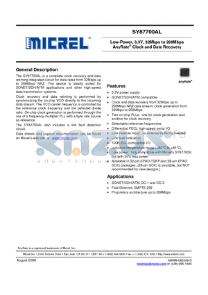 SY87700ALHG datasheet - Low-Power, 3.3V, 32Mbps to 208Mbps AnyRate Clock and Data Recovery