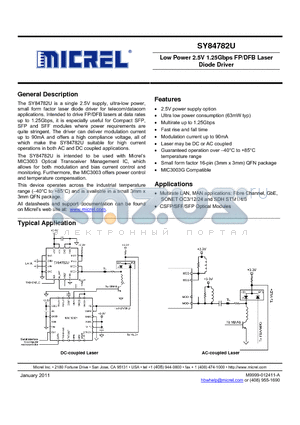 SY84782UMGTR datasheet - Low Power 2.5V 1.25Gbps FP/DFB Laser Diode Driver