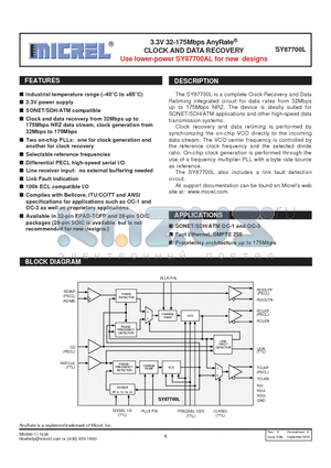 SY87700L datasheet - 3.3V 32-175Mbps AnyRate CLOCK AND DATA RECOVERY Use lower-power SY87700AL for new designs