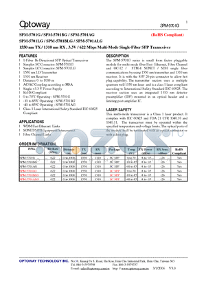 SPM-5701LG datasheet - 1550 nm TX / 1310 nm RX , 3.3V / 622 Mbps Multi-Mode Single-Fiber SFP Transceiver