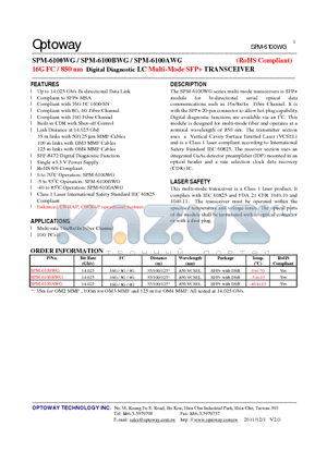 SPM-6100BWG datasheet - 16G FC / 850 nm Digital Diagnostic LC Multi-Mode SFP TRANSCEIVER