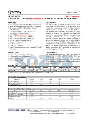 SPM-7100WG datasheet - 3.3V / 850 nm / 1.25 Gbps Digital Diagnostic LC SFP MULTI-MODE TRANSCEIVER