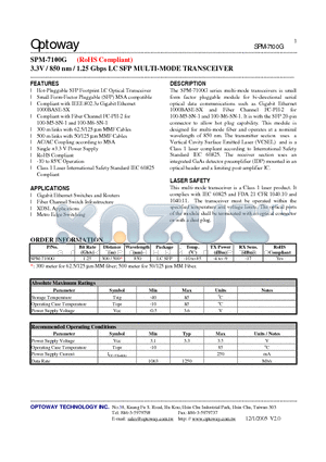 SPM-7100G datasheet - 3.3V / 850 nm / 1.25 Gbps LC SFP MULTI-MODE TRANSCEIVER