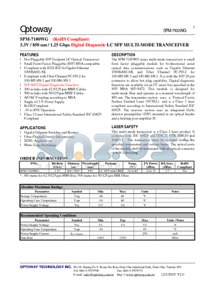 SPM-7100WG datasheet - 3.3V / 850 nm / 1.25 Gbps Digital Diagnostic LC SFP MULTI-MODE TRANSCEIVER
