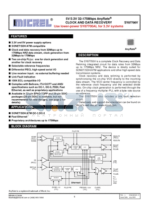 SY87700VHHTR datasheet - 5V/3.3V 32-175Mbps AnyRate CLOCK AND DATA RECOVERY