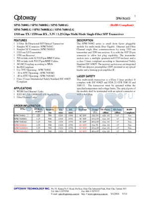 SPM-7600BLG datasheet - 1310 nm TX / 1550 nm RX , 3.3V / 1.25 Gbps Multi-Mode Single-Fiber SFP Transceiver