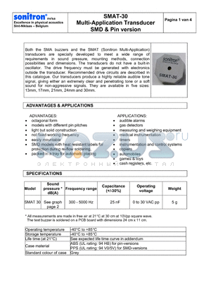 SMAT-30P15 datasheet - Multi-Application Transducer SMD & Pin version