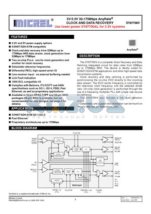 SY87700VZCTR datasheet - 5V/3.3V 32-175Mbps AnyRate CLOCK AND DATA RECOVERY