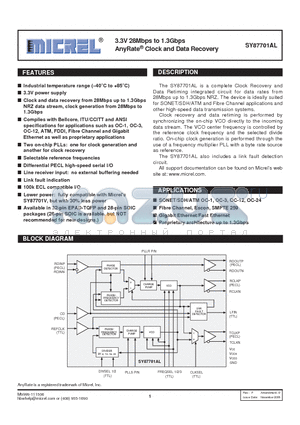 SY87701AL datasheet - 3.3V 28Mbps to 1.3Gbps AnyRate Clock and Data Recovery