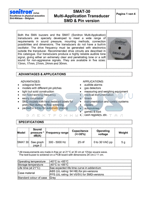 SMAT30 datasheet - Multi-Application Transducer SMD & Pin version