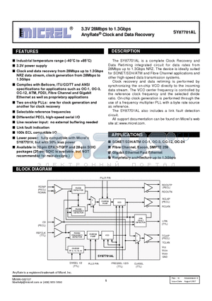 SY87701ALHI datasheet - 3.3V 28Mbps to 1.3Gbps AnyRate Clock and Data Recovery