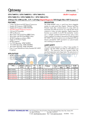 SPM-7600WG datasheet - 1310 nm TX / 1550 nm RX , 3.3V / 1.25 Gbps Digital Diagnostic MM Single-Fiber SFP Transceiver