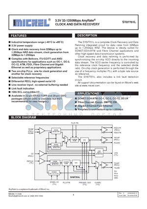 SY87701LHITR datasheet - 3.3V 32-1250Mbps AnyRate CLOCK AND DATA RECOVERY